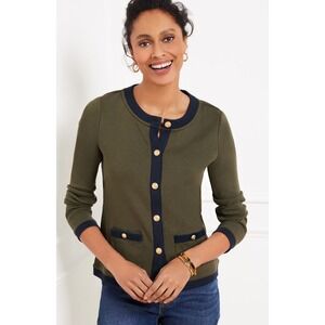 Talbots Olive Navy Trim Gold Button Crew Neck Cardigan Sweater Women's Large